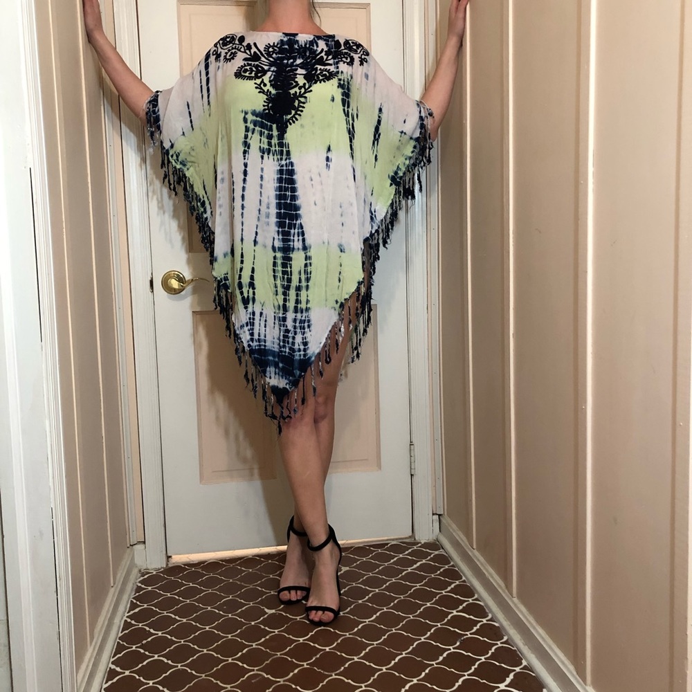 Beach By Exist Embroidered Tie Dye Fringe Kaftan Beach Bikini Cover Up - M / L